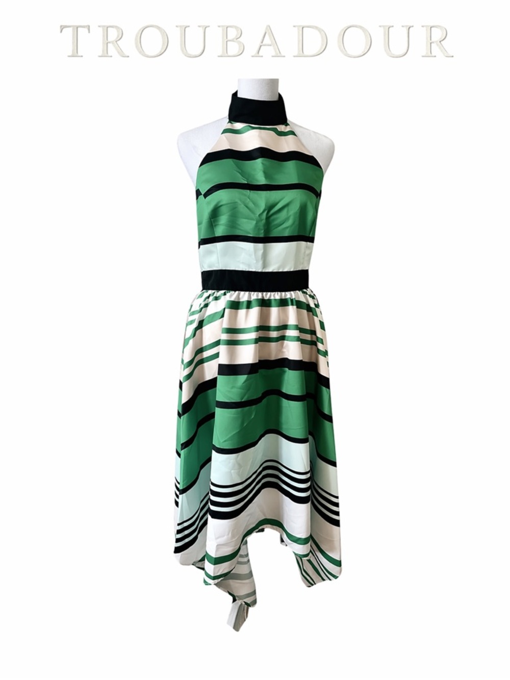 Troubadour Green Stripe Asymmetrical Halter Dress NWT